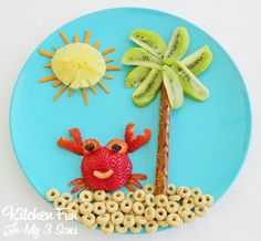 a blue plate topped with a crab and a palm tree on top of cereal krispy kreme