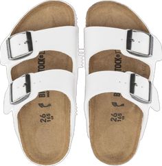 White Synthetic Footbed Sandals, White Synthetic Footbed Sandals With Buckle Closure, White Round Toe Casual Footbed Sandals, Casual White Footbed Sandals With Round Toe, White Casual Footbed Sandals With Round Toe, Comfortable White Round Toe Footbed Sandals, Comfortable White Footbed Sandals With Round Toe, Classic White Slides With Round Toe, Casual White Slides With Cork-bed Midsoles