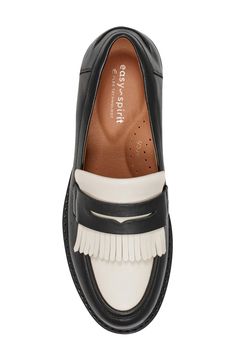 Kiltie fringe gives heritage style to a penny loafer built for comfort on contoured cushioning and a flexible sole. 1" heel Removable, cushioned insole allows for custom orthotics Leather upper/synthetic lining and sole Imported Kilties Shoes, Black Branded Insole Tassel Loafers For Semi-formal Occasions, Penny Loafers For Women Outfits, Black Tassel Slip-on Loafers For Work, Loafers For Women Outfit, Black Semi-formal Tassel Loafers With Rubber Sole, Black Slip-on Tassel Loafers With Textured Sole, Semi-formal Black Tassel Loafers With Leather Lining, Easy Spirit