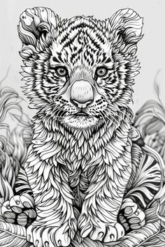 a black and white drawing of a tiger cub sitting in the grass with its eyes open