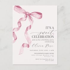 a pink ribbon birthday party card with the words it's a sweet celebration