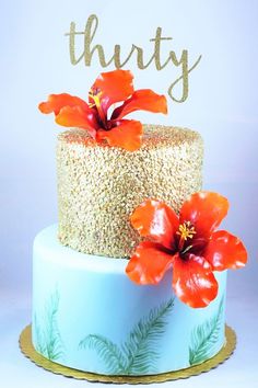 there is a cake that has flowers on it and the words thirty are spelled in gold