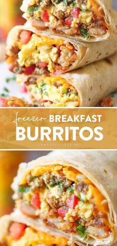 the breakfast burritos are stacked on top of each other and ready to be eaten