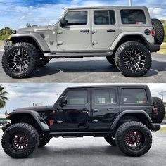 two pictures of the front and rear views of a gray jeep with black rims