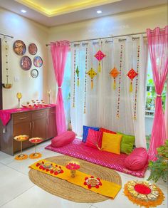 a living room filled with lots of colorful decorations and decorating on top of it