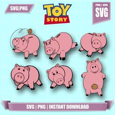 the toy story pig game is shown in pink and blue colors, with five pigs on each