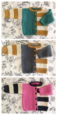 three sweaters with different colors and designs on them