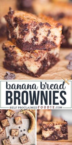 chocolate banana bread brownies are stacked on top of each other with the title above it