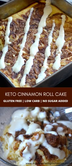 Keto Cinnamon Roll Cake. Soft, ooey, gooey cake that will absolutely curb any cinnamon roll craving! This is a soft vanilla cake swirled with cinnamon "sugar" and topped off with a no sugar added sweet glaze. #ketocinnamonrollcake #lowcarbcinnamonrolls #ketocinnamonrolls #lowcarbcinnamonrolls #ketocinnamonbuns Keto Cinnamon Roll Cake Recipe, Keto Cinnamon Roll Poke Cake, Keto Cinnamon Roll Cake, Low Carb Cinnamon Rolls With Tortilla, Ketovore Recipes, Bariatric Desserts, Keto Cinnamon Roll, Keto Cakes, The Boiled Egg Diet