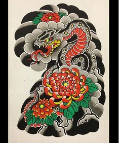 Skull Artwork Illustrations, Japanese Snake Tattoo, Geisha Tattoo Design, Tattoo Japanese Style, Skull Art Tattoo, Christ Tattoo, Tattoo Apprenticeship, Gangsta Tattoos