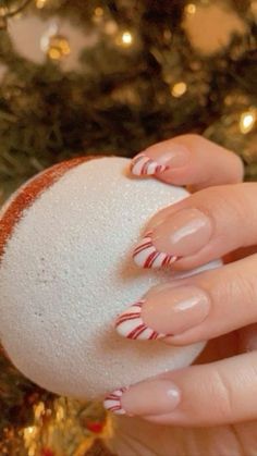 Christmas Acrylics Short Almond, Peppermint Tip Nails, Nails Cute Christmas, Chirmast Nails, French Top Christmas Nails, Christmas Nail Ideas Holiday French Tips, Gingerbread French Tip Nails, Peppermint French Tip Nails, Gel X Nails Christmas