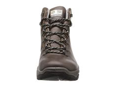 the side view of a brown hiking boot with black laces and grey outstep