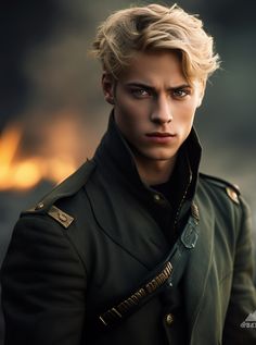 a man with blonde hair wearing a green coat