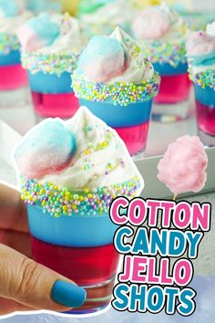 cotton candy jello shots with sprinkles on top and the words cotton candy jello shots above them