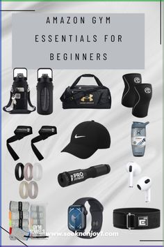 an advertisement with the words amazon gym essentials for beginners in white and black