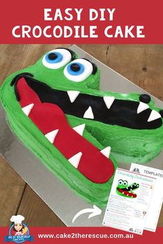 Image of 3D crocodile face birthday cake with mock up of downloadable decorating instructions and cake template Diy Crocodile, Crocodile Cake, Crocodile Birthday, Easy Kids Party, Tiger Cake, Number Birthday Cakes, Reptile Party