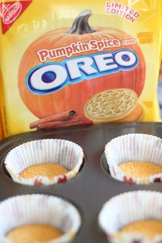 pumpkin spice oreo muffins in a muffin tin