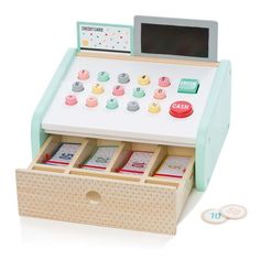 a toy cash register with buttons on it