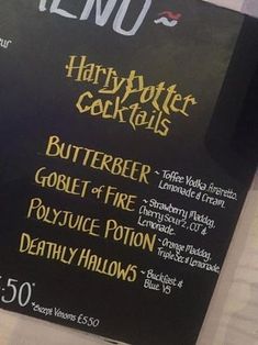 the menu for harry potter's cookbook is on display