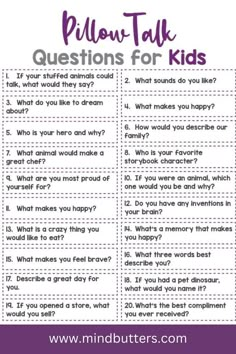 What to talk about with kids before sleep?
Follow this bedtime talk as a ROUTINE. So ask these questions every night after the lights are out.
...
What made you angry today?
How many times did you smile today?
What was your favourite part of the day?
What do you want to eat tomorrow?
What do you want to dream tonight? Pillow Talk Questions, Uppfostra Barn, What To Talk About, Questions For Kids, Kids Questions, Positive Affirmations For Kids, Parenting Knowledge, Smart Tiles, Kids Bedtime