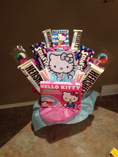 the hello kitty candy bouquet is on display