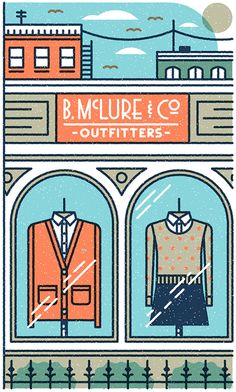 an illustration of a clothing store front with two mannequins in the window