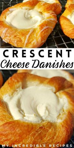 cheese danish bread with cream on top and the words crescent cheese danishes above it