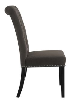 an upholstered dining chair with black legs and a grey fabric seat pad on the back