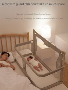 a woman laying in bed next to a baby sleeping on it's side, with an advertisement above the bed