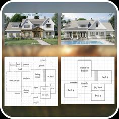 this is the front and back view of a house with plans for each floor plan