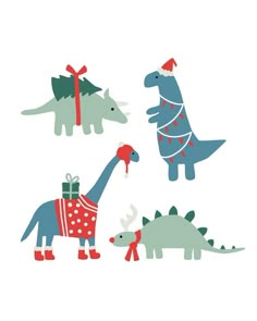 three dinosaurs wearing christmas hats and sweaters, one is holding a present box while the other