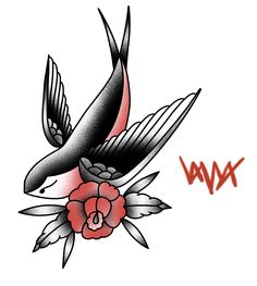 a black and white bird with red flowers on it's back side, flying in the air