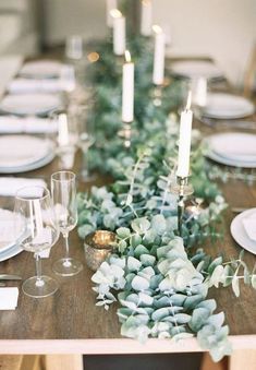 Close up of eucalyptus garland set on table Eucalyptus Wedding Decor, Rustic Wedding Decorations, Stella York, Table Runners Wedding, Eucalyptus Wedding, Wedding Table Decorations, Festive Tables, Long Table, Deco Floral