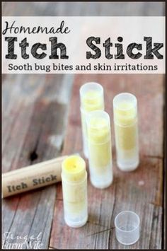 homemade patch stick with bees and skin irritations on wooden table next to lip bales