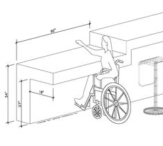 a drawing of a person in a wheel chair with the seat up and one arm extended