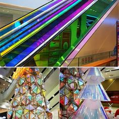 there are many different pictures of colorful lights in the building, and one is an upside down christmas tree