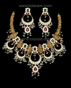 22 Karat Gold 'Peacock' Necklace & Drop Earring Set with Cz, Color Stones, Beads & Pearls (Temple Jewellery) - 235-GS3638 - in 88.750 Grams for USD $6439.99. 
Made in India by Totaram Jewelers Online this product is in Gold - 22 Karat BIS Hallmark 916 KDM Gold  & is an excellent gift for Adult - Women. Ships fully insured with secured guaranteed delivery for free with your order over $250 from New Jersey USA & comes with 30 days exchange policy. 22k Gold Peacock Design Jewelry For Ceremonial Occasion, Ceremonial 22k Gold Peacock Jewelry, 22k Gold Temple Jewelry With Peacock Design, 22k Gold Peacock Design Jewelry For Wedding, 22k Gold Peacock Design Wedding Jewelry, 22k Gold Jewelry With Peacock Design For Festive Occasions, Wedding 22k Gold Jewelry With Peacock Design, 22k Gold Bollywood Jewelry With Peacock Design, Bollywood Style Jewelry In Yellow Gold With Peacock Design