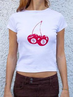 Olivia Mark - Cherry Alphabet Short Slim Fit White Short-Sleeve Shirt - Elegant and Stylish Fruit Clothing, Cherry Girl, Shirt Elegant, White Short Sleeve Shirt, Baby Tees Y2k, Vintage Crop Tops, Y2k Clothes, Cherry Print, Cute Crop Tops