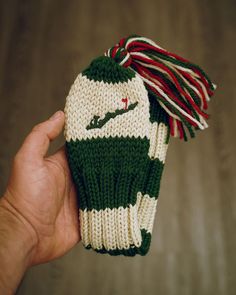 a hand holding a knitted hat with a red, white and green tassel