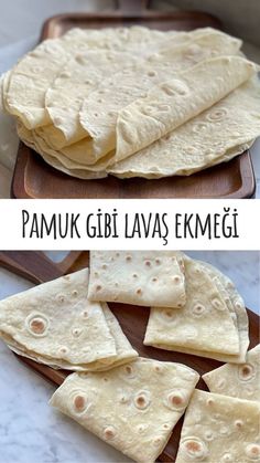 some pita bread is cut into pieces and placed on a cutting board with the words pamuk gibit lavas emegi