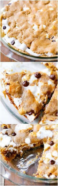 a close up of a pie with chocolate chips and marshmallows on it