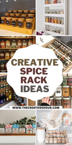 the words creative spice rack ideas are in white and black, with images of spices on shelves