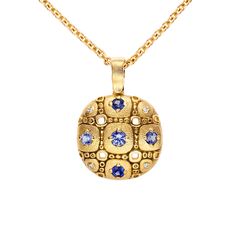 The "Little Windows" necklace by Alex Sepkus is a total dream! Five round, faceted Blue Sapphires of differing shades are hand-selected and set into an 18k Yellow Gold cushion-shaped pendant accented with 4 round bezel-set diamonds - one in each corner. The entire pendant features the signature Sepkus "window" shapes created using blackened shading and cut-out areas. Absolutely stunning. Approx. Length: 18" Pendant Approx. 0.75" 5 Sapphires Approx. 0.55CTTW 4 Daimonds Approx. 0.04CTTW Window Shapes, Alex Sepkus, Gold Cushions, Bezel Set Diamond, Women's Watches, Shiny Things, Sapphire Necklace, Bezel Setting, Blue Sapphire