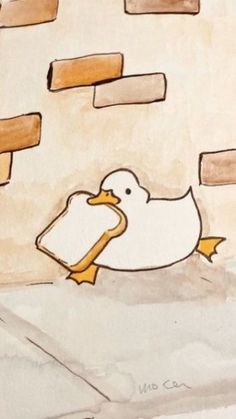 a drawing of a duck with a piece of bread in it's mouth sitting on the ground