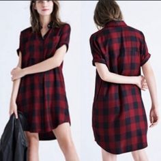 Richly Colored Plaid Brings Timeless Appeal To A Button Front Shirt Dress With A Loose Silhouette, Crisp Spread Collar And Handy Front Pockets. Hidden Front-Button Placket, Short Sleeves, Front Slant Pockets, Chest Patch Pockets, Oversized. 100% Viscose Color: Black And Red Size Xs Approximate Measurements: Pit To Pit 21” Length 36” New With Tag/ No Flaws Pet/ Smoke Free Home Offers Welcome Preppy Plaid Chic Effortless Edgy Streetwear Stylish Casual Red Shirt Dress, Red Mini Length Shirt Dress, Red Button-up Shirt Dress Casual, Casual Red Shirt Dress For Daywear, Red Cotton Shirt Dress With Short Sleeves, Red Cotton Short Sleeve Shirt Dress, Red Button-up Casual Shirt Dress, Red Casual Knee-length Shirt Dress, Casual Red Knee-length Shirt Dress