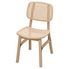 a wooden chair with wicker back and seat