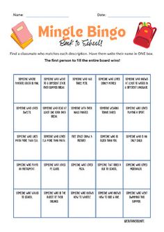 a printable game for children to play with the words,'mingle bingo '