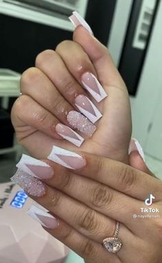 Prom Nails Pink French Tip, White Birthday Nails Square, Formal Nails Classy, Exotic Nails Acrylic, Nails Acrylic Short Square, Nails Acrylic Short, Birthday Nail, Diy Acrylic Nails