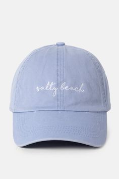 Keep the sun off your face and the sand out of your hair with this Salty Beach script hat! Be beachy-keen with its adjustable strap and embroidery details – it’s the perfect pick for days when you’re feeling flip-floppy! 🤙 Adjustable Blue Summer Baseball Cap, Blue Baseball Cap With Curved Brim For Vacation, Blue Curved Brim Baseball Cap For Vacation, Adjustable Cotton Dad Hat For Beach, Cotton Beach Baseball Cap, Summer Dad Hat With Curved Brim, Beach Cotton Baseball Cap, Adjustable Blue Baseball Cap With Uv Protection, Adjustable Blue Baseball Cap With Upf 50+