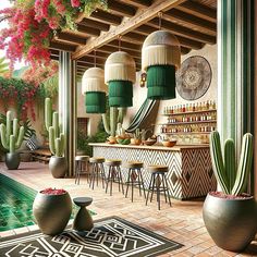 an outdoor bar with potted cacti next to the pool